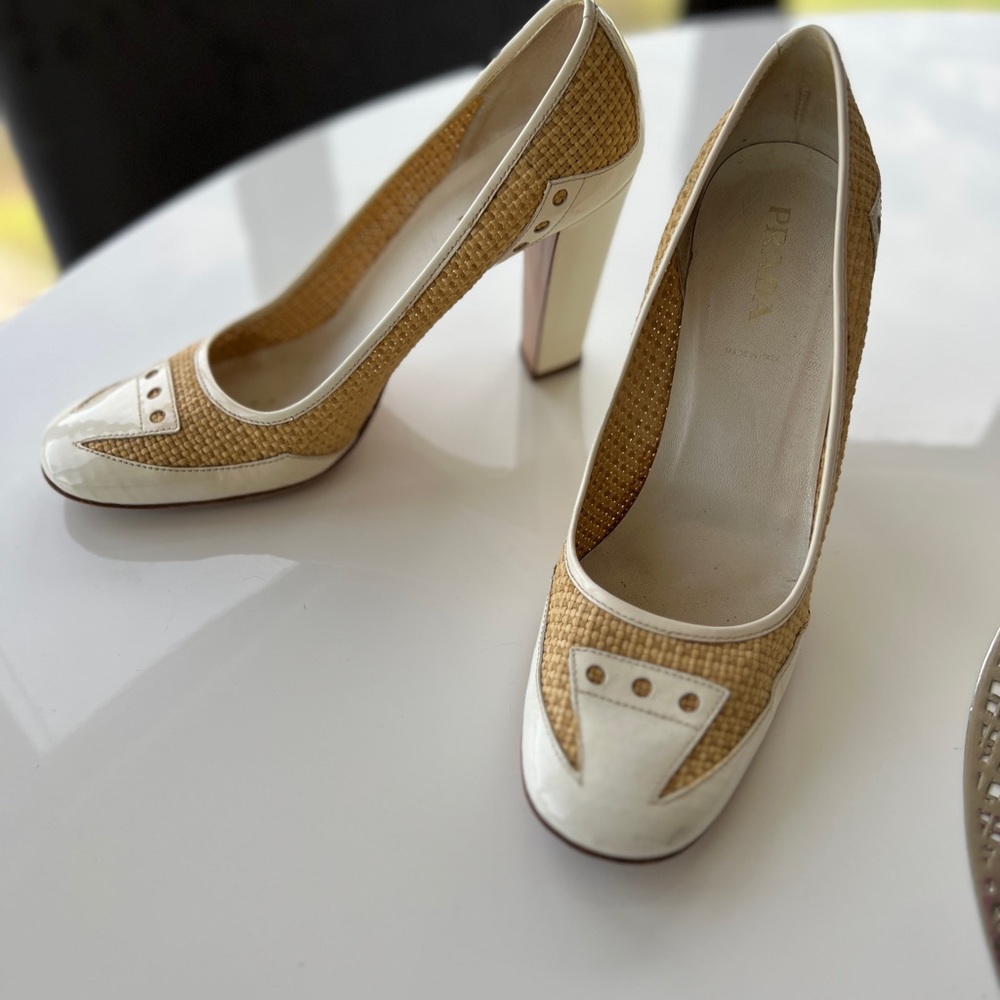 Prada Tan and Cream Woven Leather Block Heel Pumps